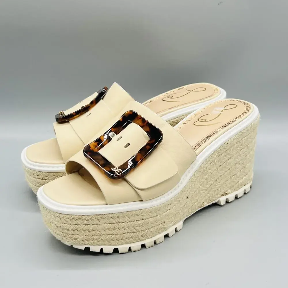 Sam Edelman Sandals Womens 7 Beige Leather Livi Espadrille Buckle Wedge Shoes